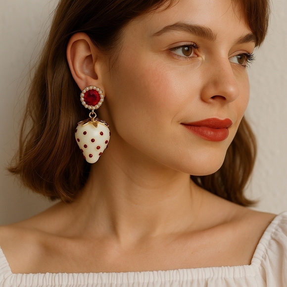 EUC Red Rhinestone Strawberry Drop Earrings - Picture 1 of 7